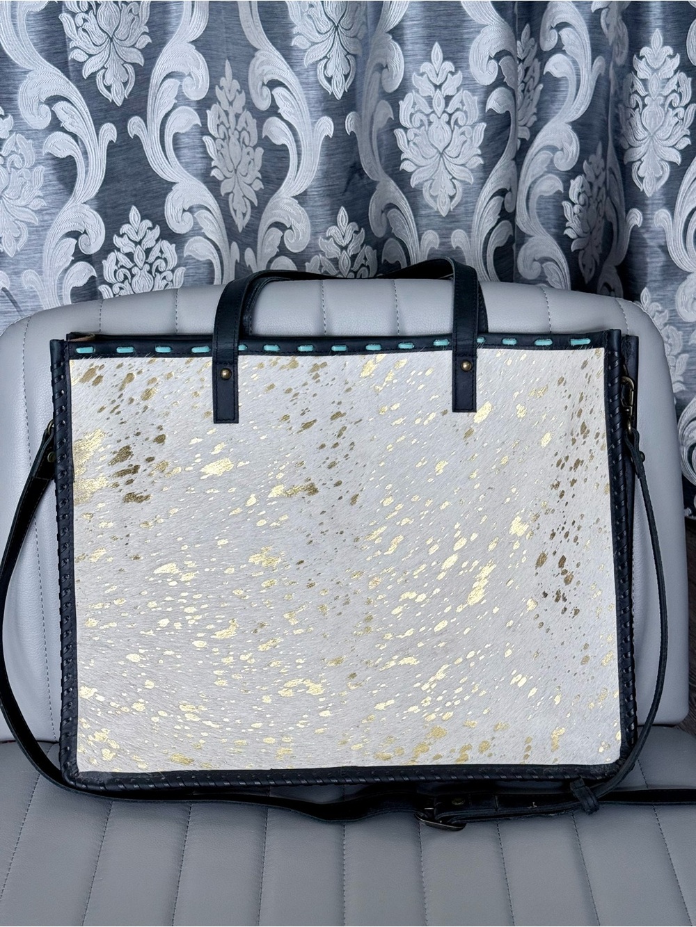 American Darling NWOT Huge Gold Speckled Cowhide Leather Hair on Hide Bag